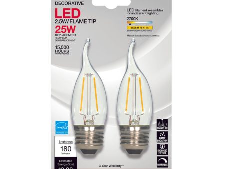 Satco CA10 (Flame Tip) E26 (Medium) LED Bulb Warm White 25 Watt Equivalence 2 pk Online Sale