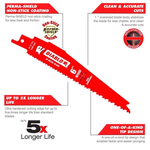 Diablo Demo Demon 6 in. Bi-Metal Nail-Embedded Wood Reciprocating Saw Blade 6 12 TPI 2 pk Online