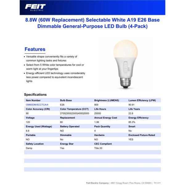 Feit A19 E26 (Medium) LED Bulb Adjustable White 60 Watt Equivalence 4 pk Sale