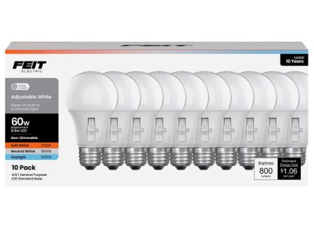 Feit A19 E26 (Medium) LED Bulb Adjustable White 60 Watt Equivalence 10 pk Discount