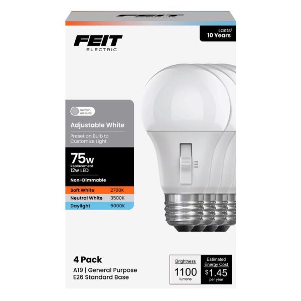 Feit A19 E26 (Medium) LED Bulb Adjustable White 75 Watt Equivalence 4 pk on Sale