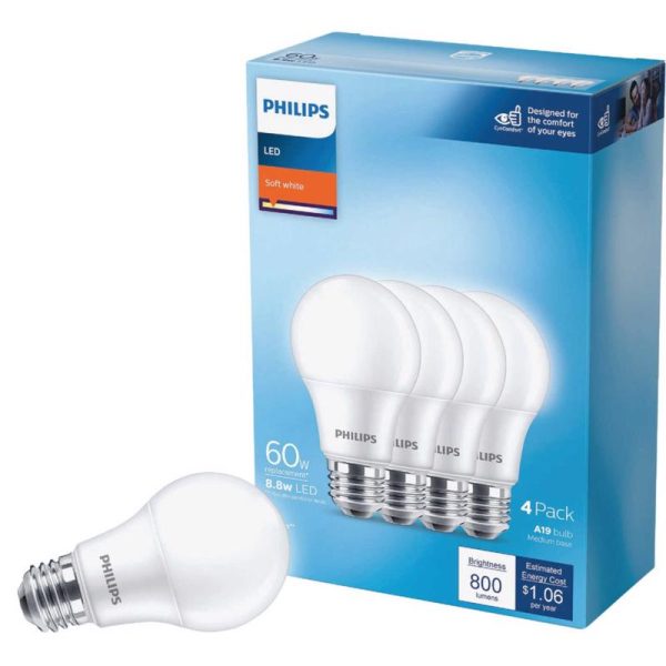 Philips A19 E26 (Medium) LED Bulb Soft White 60 Watt Equivalence 4 pk Online now