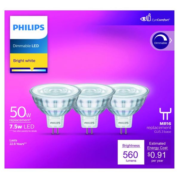 Philips MR16 GU5.3 LED Floodlight Bulb Bright White 50 Watt Equivalence 3 pk Cheap