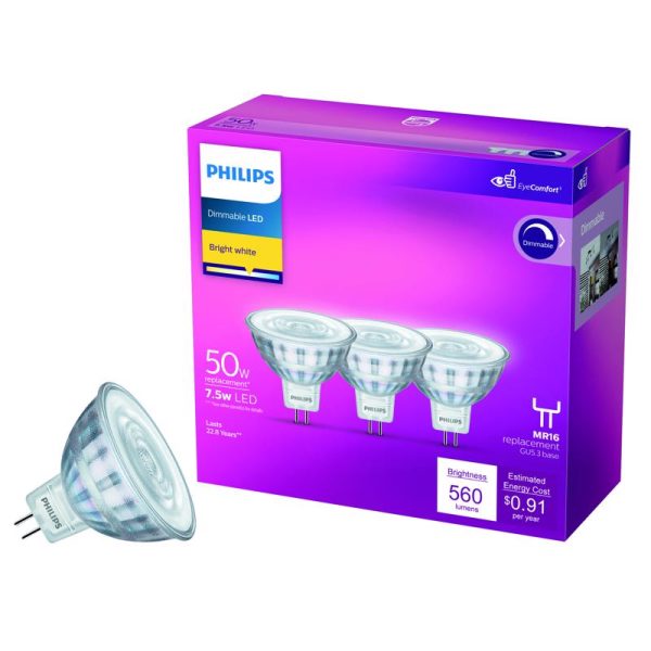 Philips MR16 GU5.3 LED Floodlight Bulb Bright White 50 Watt Equivalence 3 pk Cheap